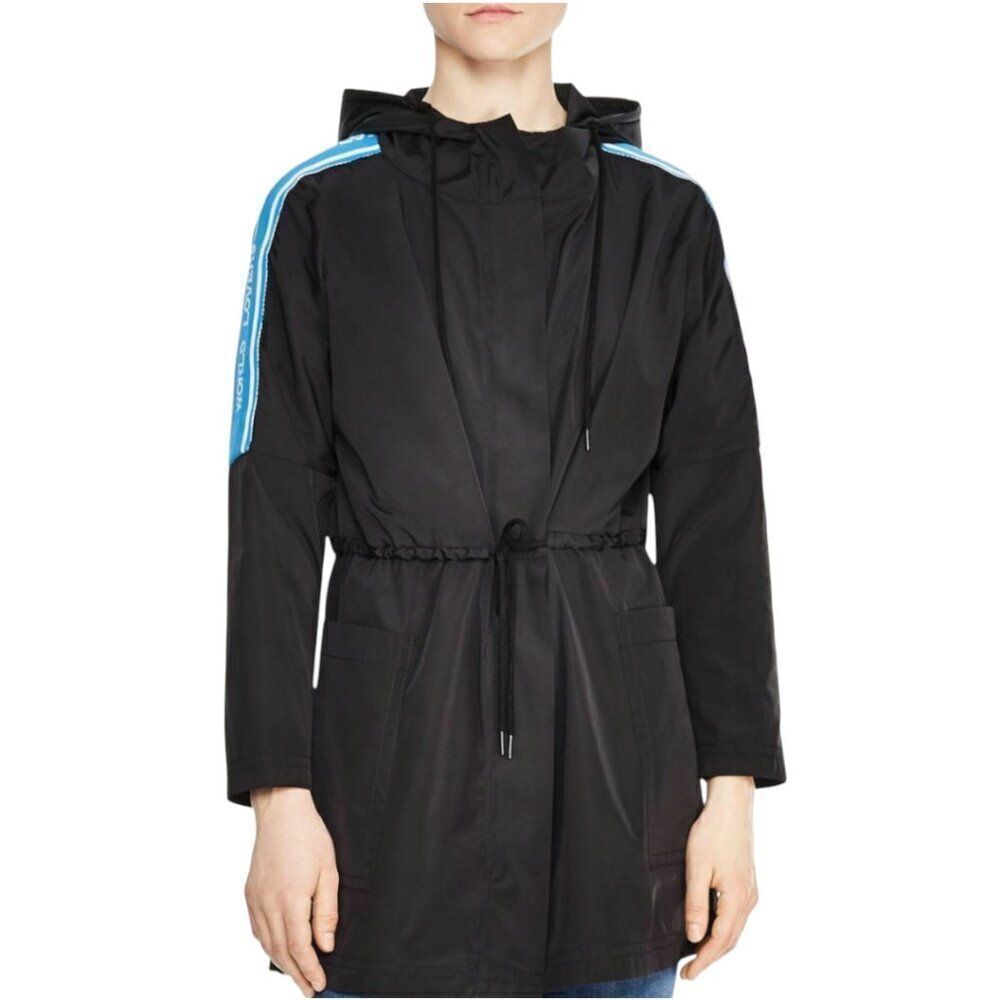Sandro Black Windbreaker Coat Size 34 (US 2/XS) Graphic "World Love" Trim Parka